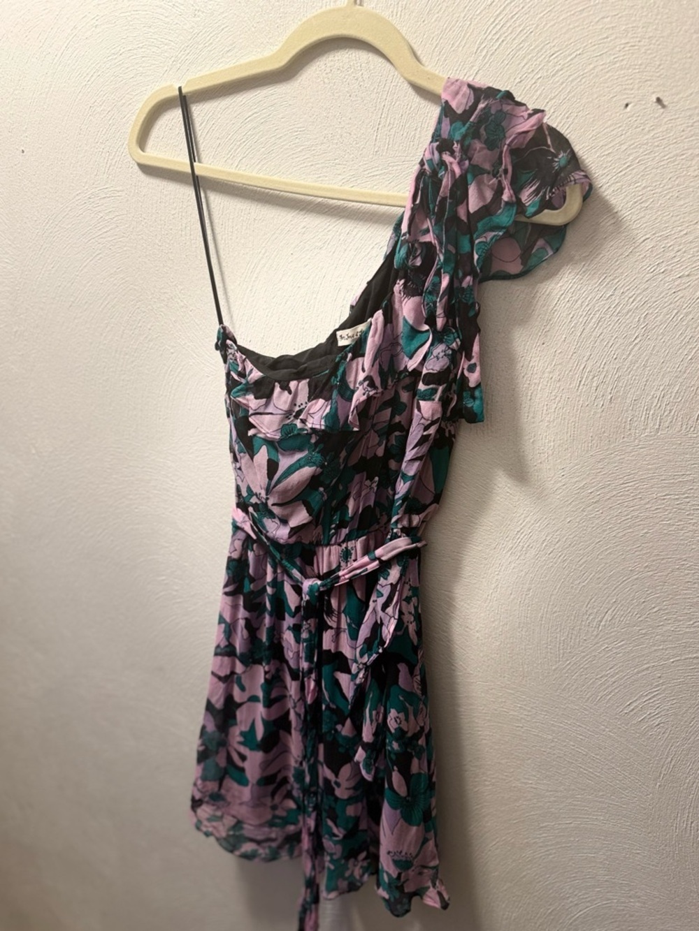 For Love & Lemons One Shoulder Floral Mini Dress XS Pink Green Y2K Whimsigoth - Picture 2 of 5